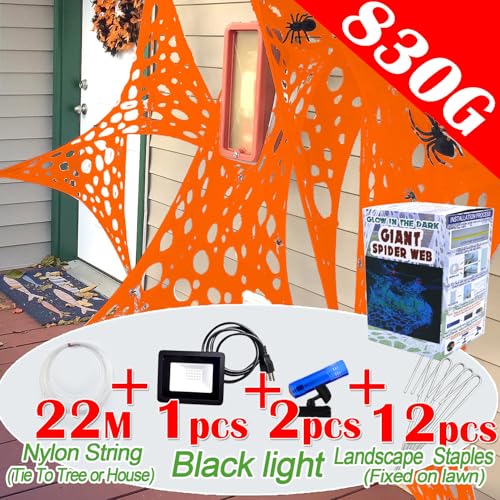 Orange Giant Spider Web Set - 1400 Sqft Glow in The Dark Halloween Decorations with Blacklights