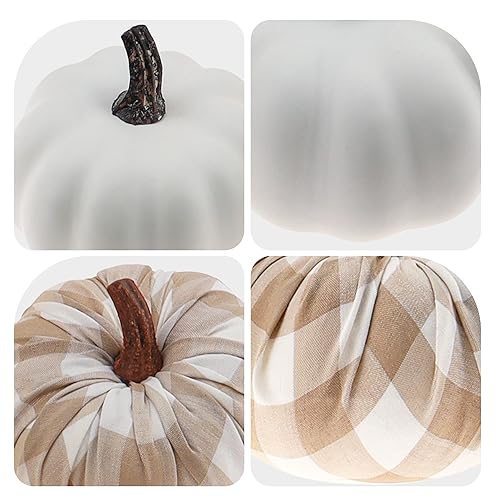 Artificial Mini Pumpkin Decor Set - Beige & White Gingham & Plain Pumpkins for Fall Halloween Thanksgiving