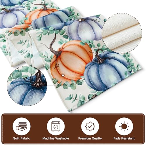 Artscope Fall Pumpkin Eucalyptus Leaves Table Runner 13x72 Inch - Orange Blue Thanksgiving Decor