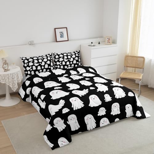 Halloween Ghost Comforter Set - Cute White Spooky Bedding for Kids & Teens Queen Variation 064