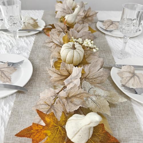 White Fall Garland with Lights - 6Ft Autumn Leaves & Pumpkins for Home Decor - Halloween & Thanksgiving Indoor Outdoor
