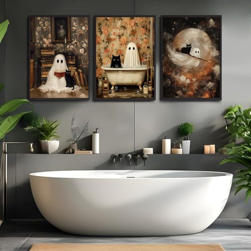Halloween Ghost Wall Art Set - Gothic Moody Ghosts & Black Cat Poster 24x16 Inches