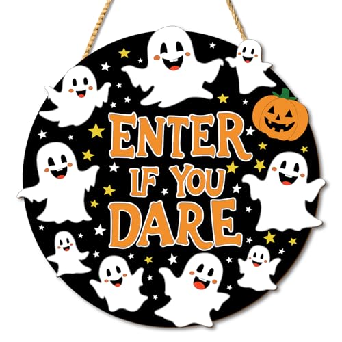 Halloween Wall Decor Sign - Enter If You Dare Wooden Ghost & Pumpkin Set