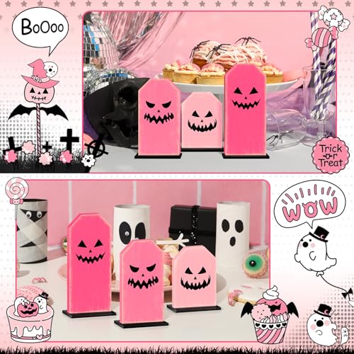 Pink Tombstone Halloween Ghost Tray Decor Sign - 3 Pack Wooden Table Signs