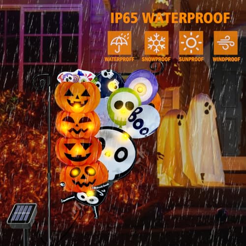 Halloween Solar Lighted Garden Flag Skeleton & Pumpkin Double Sided 12x18 Inch - Ghost Skull Variation