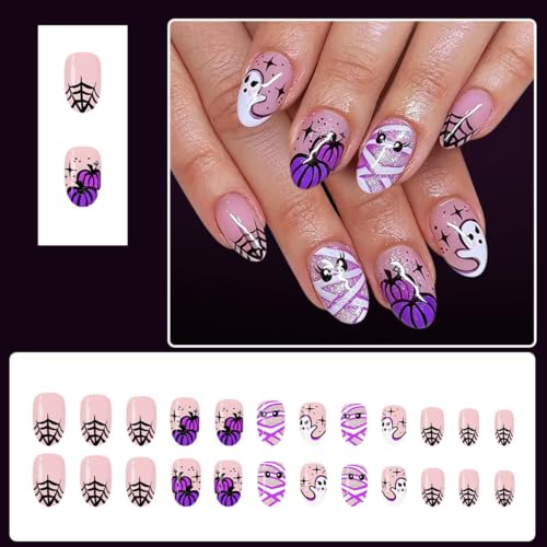 Halloween Short Almond Press-On Nails Set with Ghost Pumpkin Spider Web Mummy Design - HO09