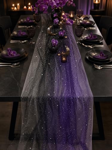 Black & Purple Sequin Sheer Table Runner 120 Inch 6PCS - Boho Wedding Holiday Decor