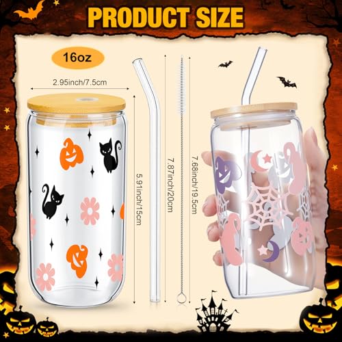 Halloween Mason Cup Set - Trick or Treat Style, 6 Glass Tumblers with Lids & Straws