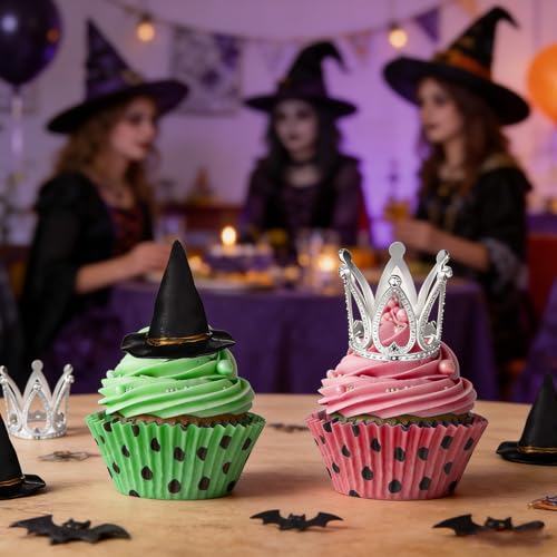 24 Pcs Witch Hat & Silver Crown Cake Toppers for Halloween & Princess Parties