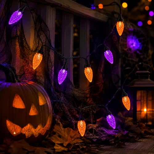 Halloween String Lights Battery Operated 29.5 Ft 100 LEDs C6 Color Change with 8 Modes - Orange
