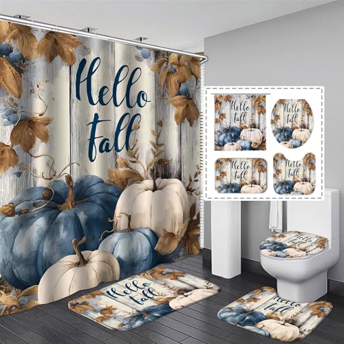 Blue Pumpkin Fall Shower Curtain Set with Bath Mats - Rustic Autumn Bathroom Decor