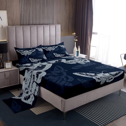 Full Size Boho Moth Bed Sheets Set - Navy Blue & White, Fitted & Flat Sheets