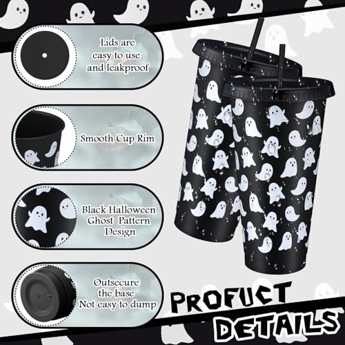 Halloween Ghost Cups Set with Straws & Lids - Black 24 oz, 12 Pack