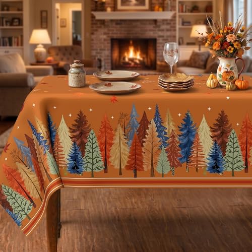 Fall Watercolor Tree Tablecloth 60x84 Inch Rectangular Autumn Decor - Washable Polyester, Seasonal Thanksgiving Cover - Fall Trees Variation