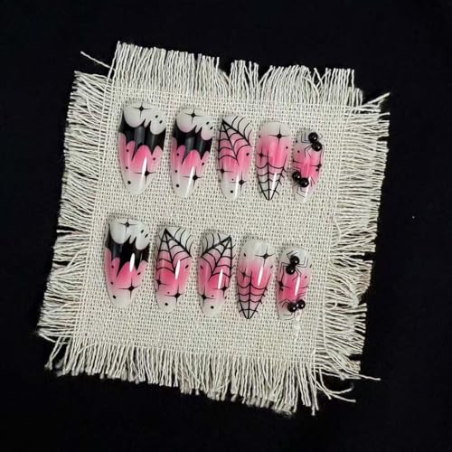 Halloween Press On Nails Set 24pcs Medium Almond Bat Spiderweb Style Nails with Glue & Stickers - Style Nails 14
