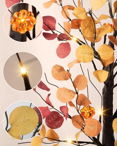 2 Pack 24-Inch Prelit Fall Eucalyptus Trees with Pumpkin LED Lights - Battery Operated Autumn Tabletop Decor