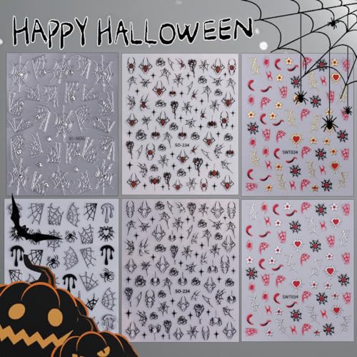 Halloween Nail Stickers for Nails Art Spider Web & Spider Design - 6 Sheets Halloween