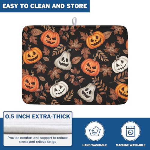 Halloween Maple Leaf Dish Drying Mat - Spooky Orange & White Pumpkin, 18x24 Inch, Reversible Microfiber Kitchen Counter Pad