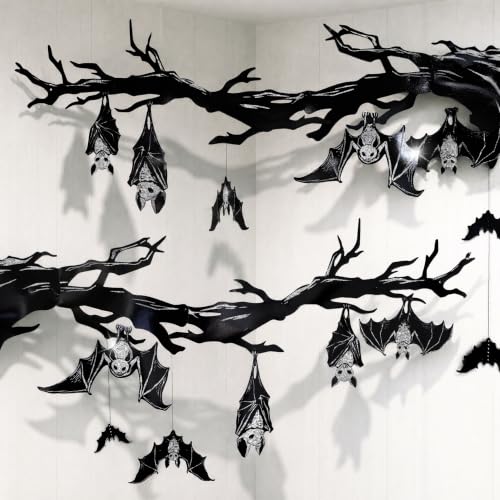 Halloween Bat Banner Garland - Black Glitter Hanging Bat Streamers - Bat Variation