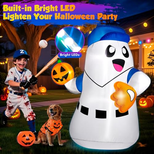 5FT Halloween Inflatable Ghost Pitcher with Pumpkin Baseball Outdoor Decor LED Lights