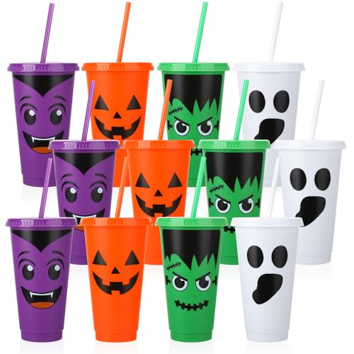 Halloween Plastic Cups with Lids & Straws - 24 oz, Purple & Orange, 12 Pack
