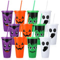 Halloween Plastic Cups with Lids & Straws - 24 oz, Purple & Orange, 12 Pack