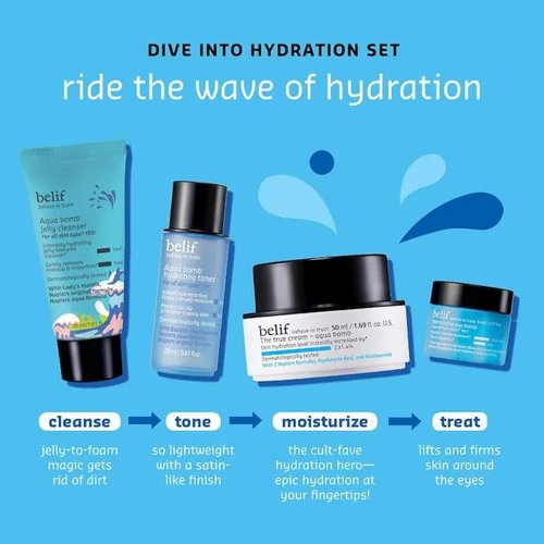 belif Aqua Bomb Dive Into Hydration Set | Korean Skin Care | Travel Essentials | Stocking Stuffer | Value Set | Gift Set for Mom | Gift for Her | Aqua Bomb, Cleansing Gel, Hydrating Toner,Eye Bomb