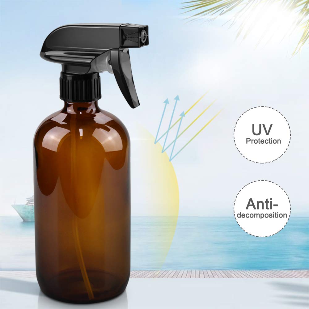 Worldgsb 16oz Amber Glass Spray Bottles - Reusable Containers with Labels & Adjustable Nozzle for Cleaning, BBQ, Food, Plants, Alcohol, Essential Oils