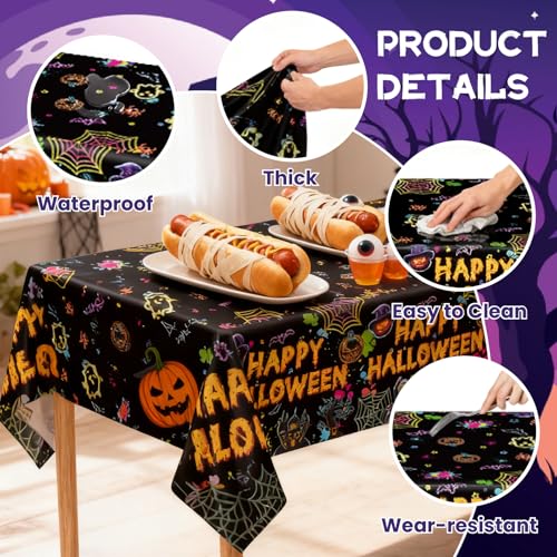 Halloween Disposable Plastic Tablecloths Set - Black Neon Pumpkins Bats Ghosts 5 Pack
