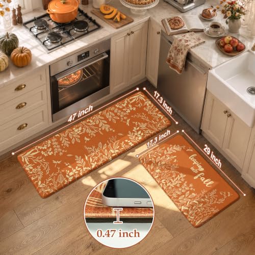 KIMODE Fall Kitchen Anti-Fatigue Mat Set - Leaf Pattern, 17.3 x 47 & 17.3 x 29 Inches, Cushioned Waterproof Rugs, Orange Red Leaf Variation