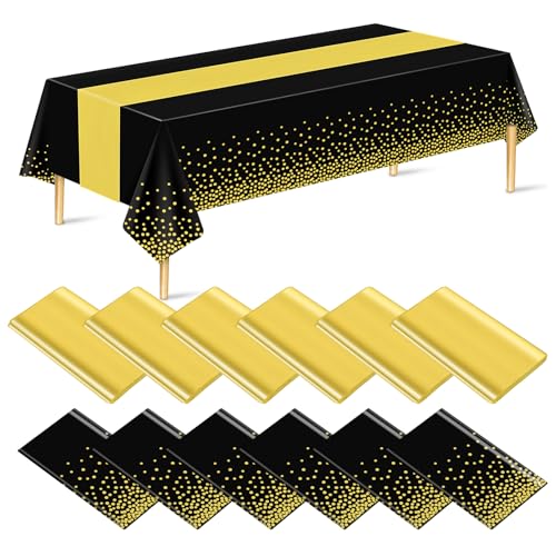 Black & Gold Tablecloth and Runners Set - 12 Pack Birthday Party Decor, 54x108 Inches