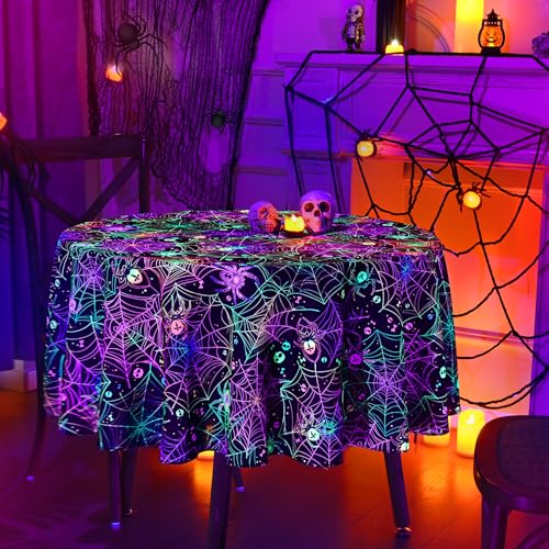 Halloween Tablecloth 60 Inch Round UV Reactive Black Web Cover Waterproof Party Decor