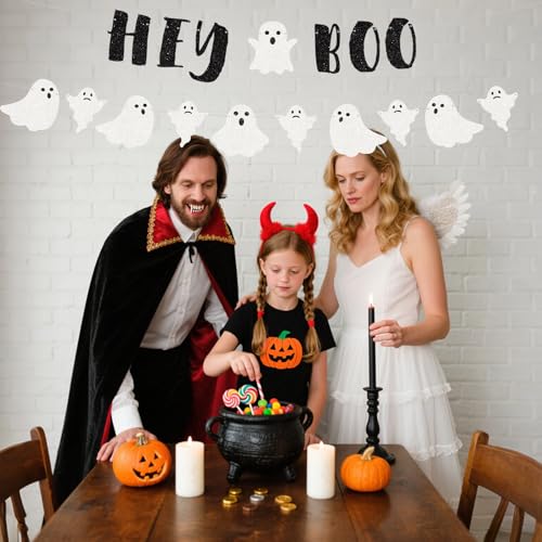 Black Halloween Banner Set - Glitter Ghost & 'Hey Boo' Garland for Spooky Decorations