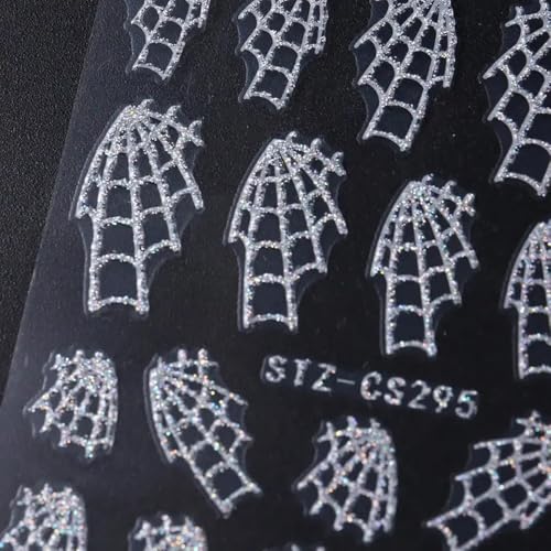 Halloween Nail Stickers Set - Spider Web Holographic Silver Glitter Self-Adhesive for Nails Q1
