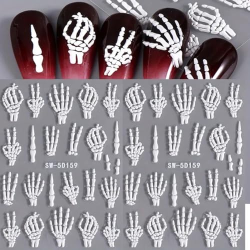 White Skeleton Halloween Nail Stickers - 5D Embossed Bone Skeleton Design - 2PCS