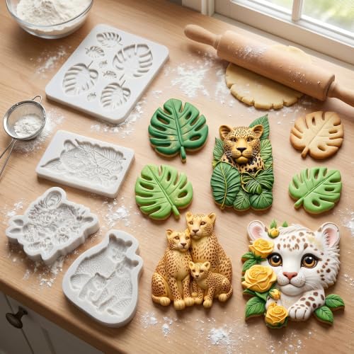 Jungle Leopard & Tropical Leaf Silicone Fondant Mold Set - Style G