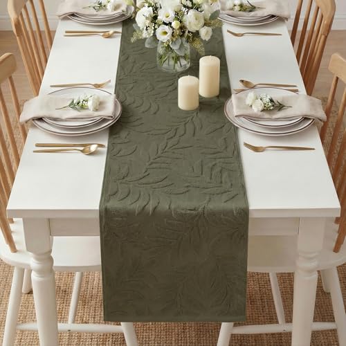 Olive Green Cotton Table Runner 13x72 Inch Jacquard Leaves Home Decor
