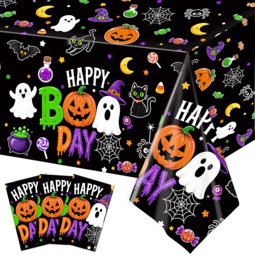 Halloween Tablecloth Set - Cute Ghost Pumpkin Black Cat - 54x108 Inch - 3 Pack