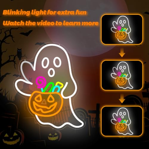 Waving Ghost Halloween Neon Sign - Candy Basket Halloween Decor - Dimmable LED Night Light