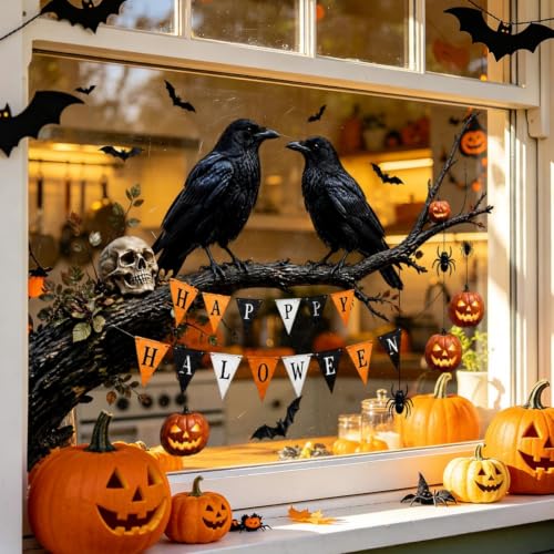 Halloween Crow Window Clings - Pumpkin & Whimsical Fall Decals for Glass