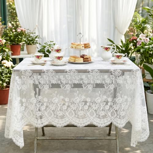 White Lace Tablecloth 60x120 Inch Rectangle for Wedding & Farmhouse - Variation 1