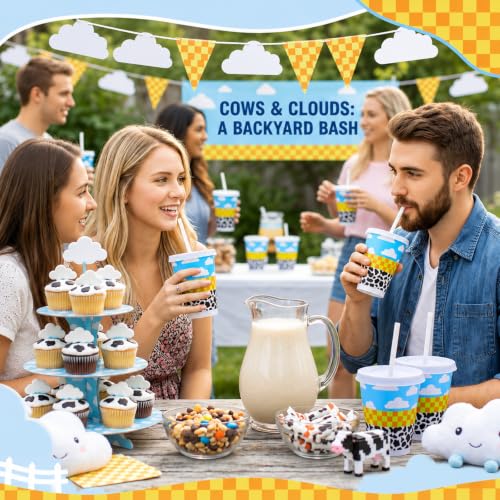 Cartoon Story 24 Pcs Party Cups with Lids & Straws - 16 oz Reusable Plastic for Birthday & Celebration - Blue & White Clouds