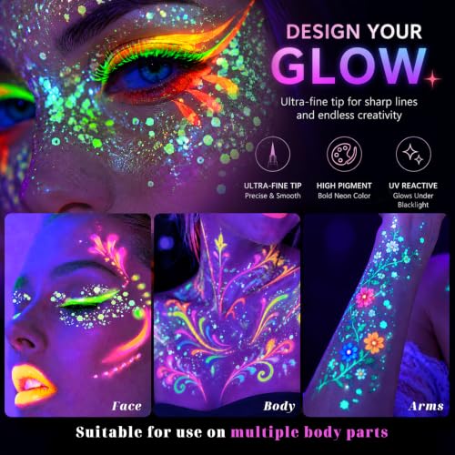 Glow in the Dark Body Face Paint & Glitter Gel Set - UV Neon Liquid Eyeliner, Waterproof & Washable - Variation 02#
