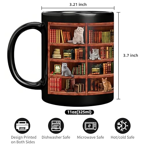Book Lover Mug - 11oz Ceramic Coffee Cup with Book and Cat Design