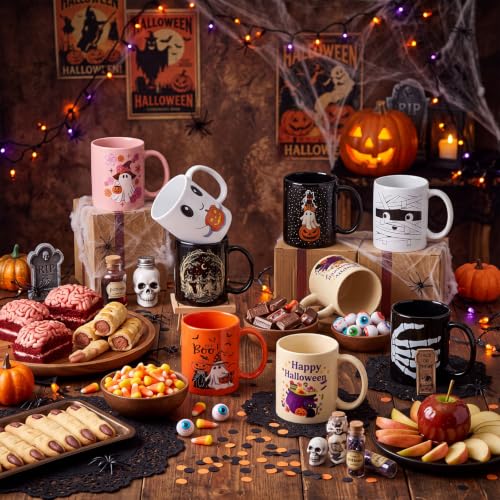 Halloween Ghost Ceramic Coffee Mug Set - 8 Pcs, 12 oz, Handle, Holiday Decor