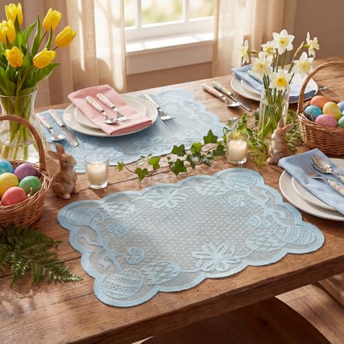 Blue Eggs Lace Easter Placemats Set of 4 - 12x18 Inch Rectangular Table Mats for Weddings & Parties