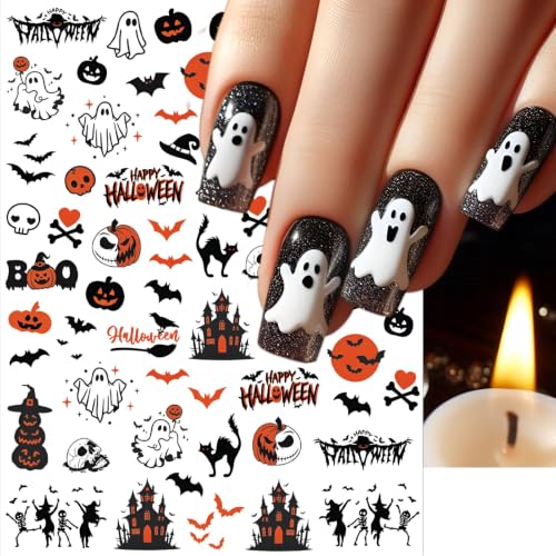Halloween Nail Stickers Set - 4 Sheets Cute Ghost Pumpkin Bat Decals with Variation Halloween 4 Sheets