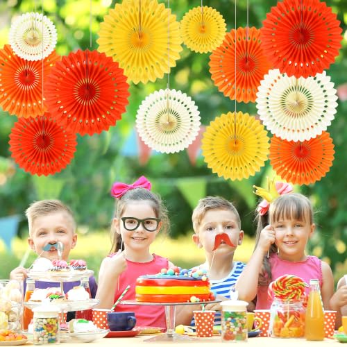 Orange & Yellow Paper Fans Fall Party Decorations - 12PCS Tissue Paper Fans for Girl Birthday Baby Shower Wedding Halloween Thanksgiving Autumn Room Wall Hanging