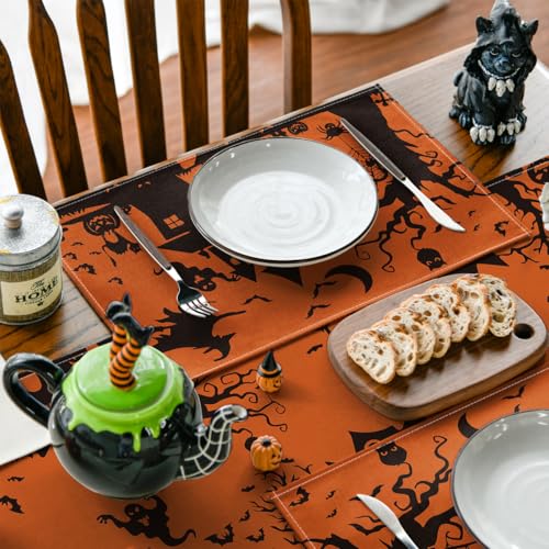 Halloween Haunted House Placemats Set of 4 - Orange Spooky Table Mats 12x18 Inch