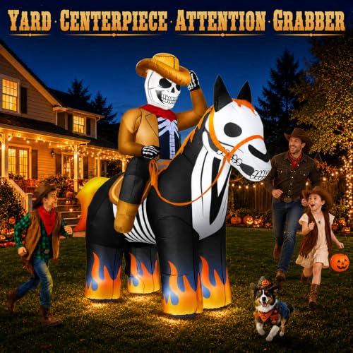 7FT Halloween Inflatable Skeleton Cowboy Riding Flame-Hoofed Horse Outdoor Decor